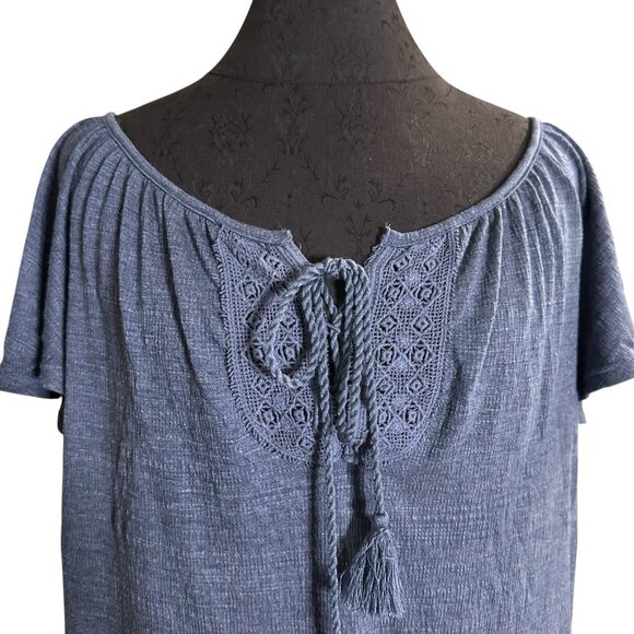 Max Studio Women s Large Blue Peasant Blouse Lace Up Crochet Boho - Picture 2 of 8